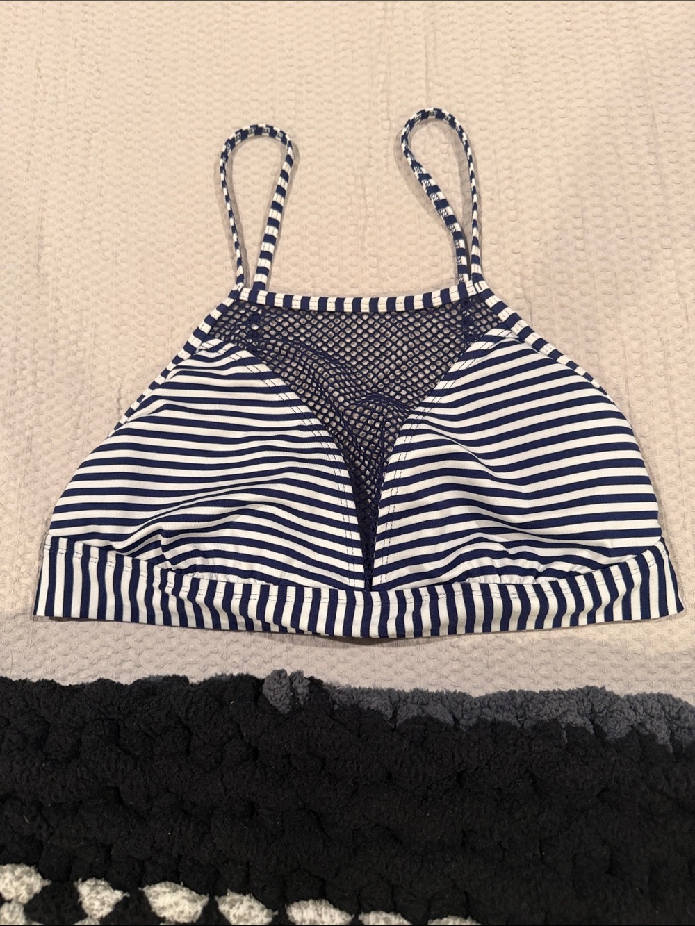Striped Navy & White Mesh-Accent Bikini Top
